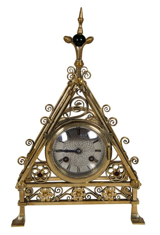  A Gothic Revival brass mantlepiece clock-0 