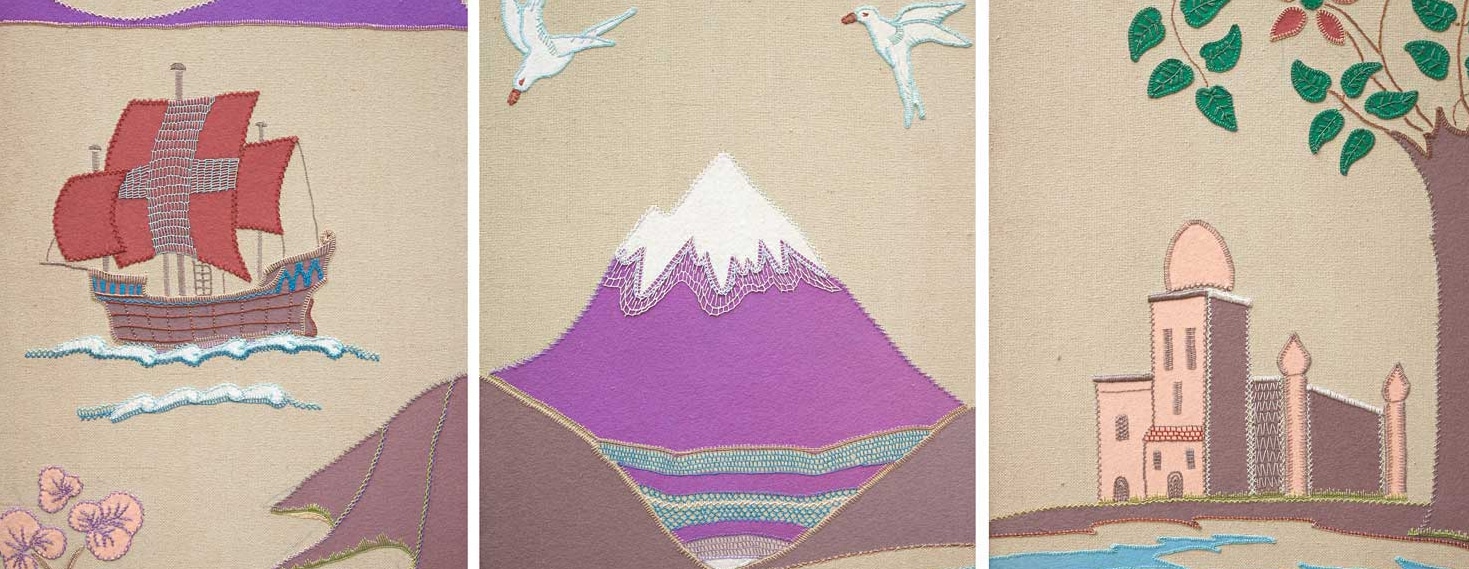 A selection of rare and antique textiles from Paul Reeves London showing a galleon, mountain and a building
