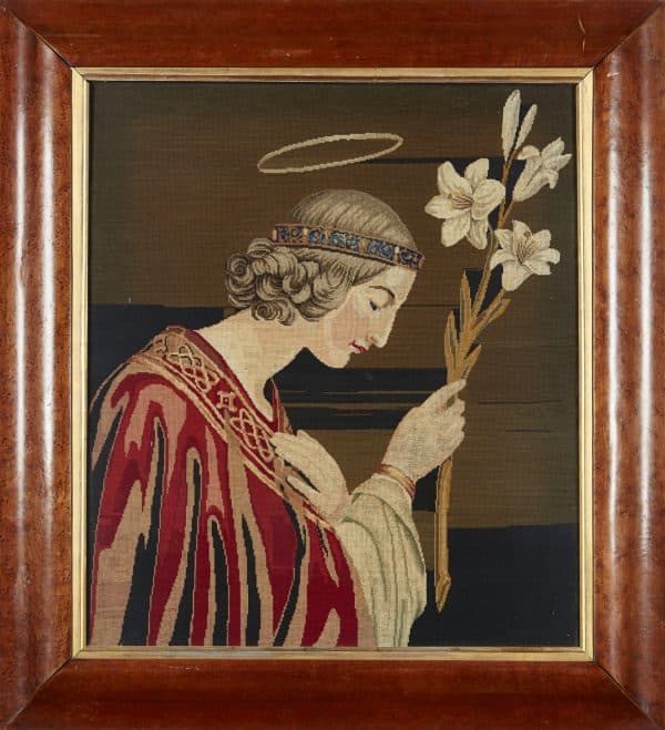  A framed English school Berlin woolwork panel, the design depicting St. Clair of Assisi. from Paul Reeves London 