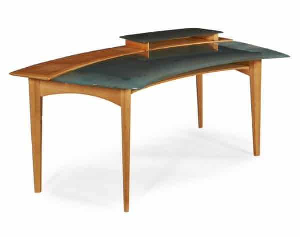  A Venini glass and beech wood desk with pivoting open shelf. 